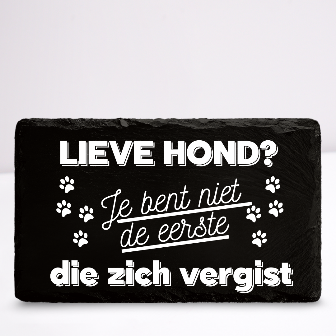 Lieve hond? je bent niet de eerste die zich vergist | Leistenen wandbordje