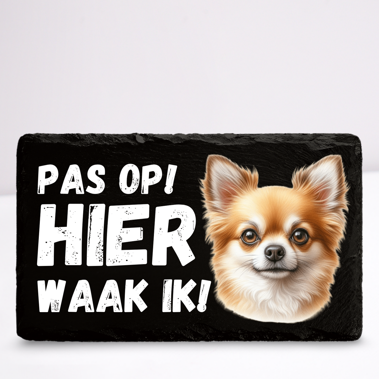 Pas op hier waak ik! Chihuahua (Bruin langharig) | Leistenen wandbordje