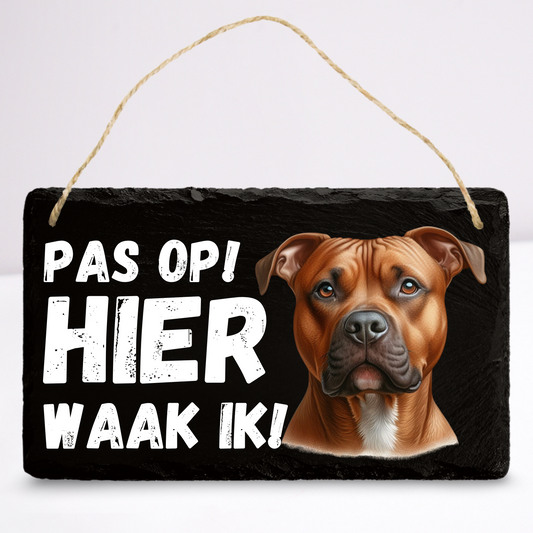 Pas op hier waak ik! Pitbull (Bruin) | Leistenen wandbordje