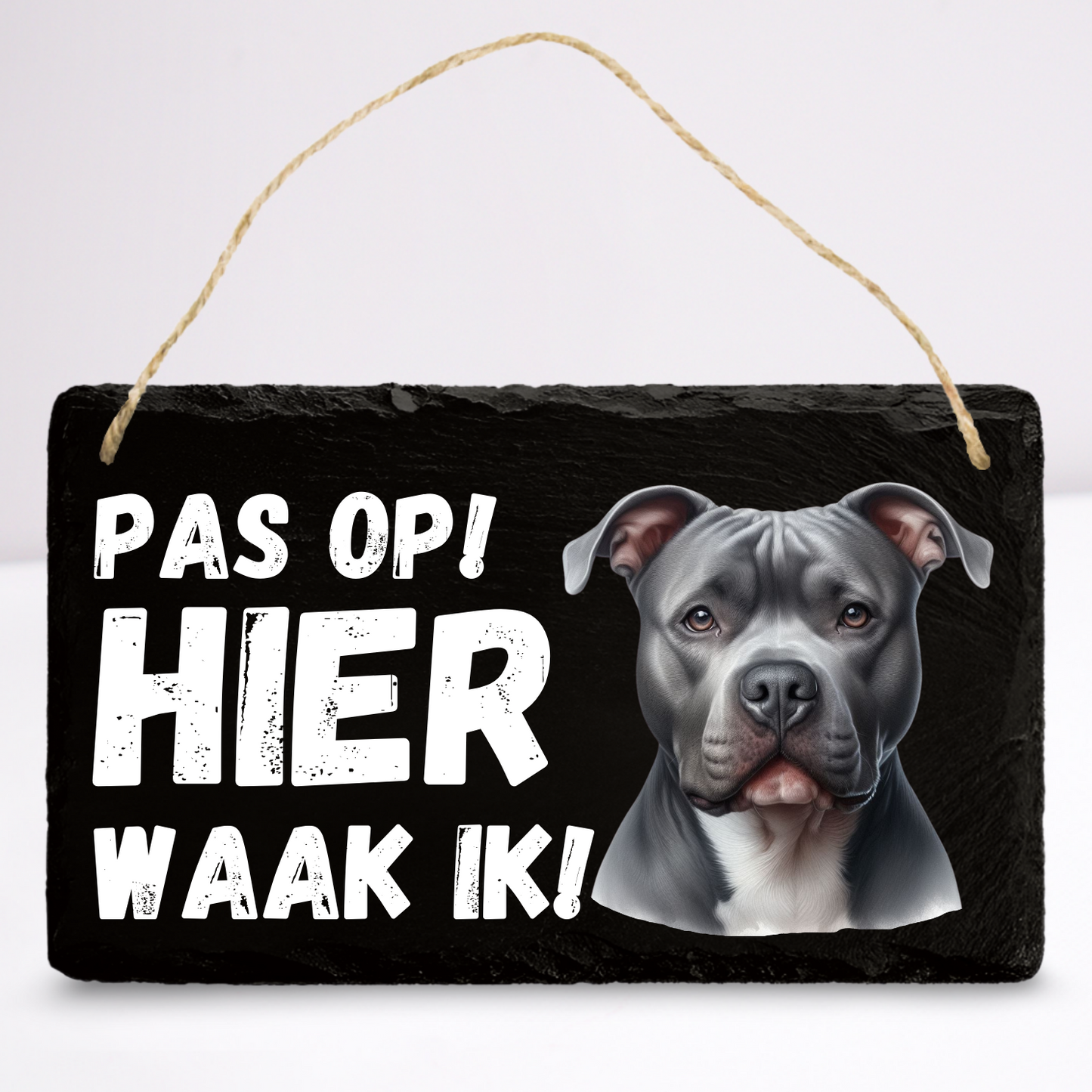 Pas op hier waak ik! Pitbull (Grijs) | Leistenen wandbordje